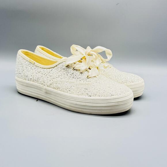 Keds Kate Spade New York Shoes Womens 8 Ivory Glitter Ribbon Bridal Sneakers - Picture 2 of 12